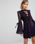 True Decadence Premium Lace Mini Dress With Bow Sleeve Detail-purple