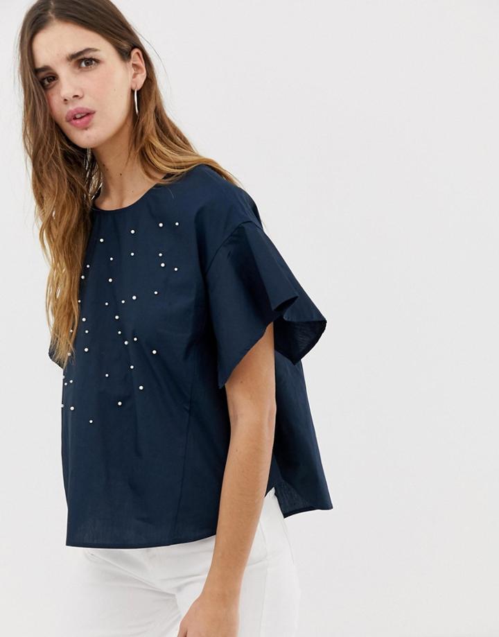 Qed London Embellished Blouse With Frill Sleeve - Navy