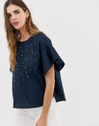Qed London Embellished Blouse With Frill Sleeve - Navy