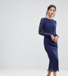 Asos Tall Wedding Lace Long Sleeve Midi Pencil Dress-navy