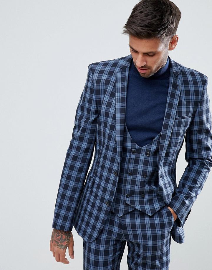 Asos Super Skinny Suit Jacket In Blue Plaid Check - Blue