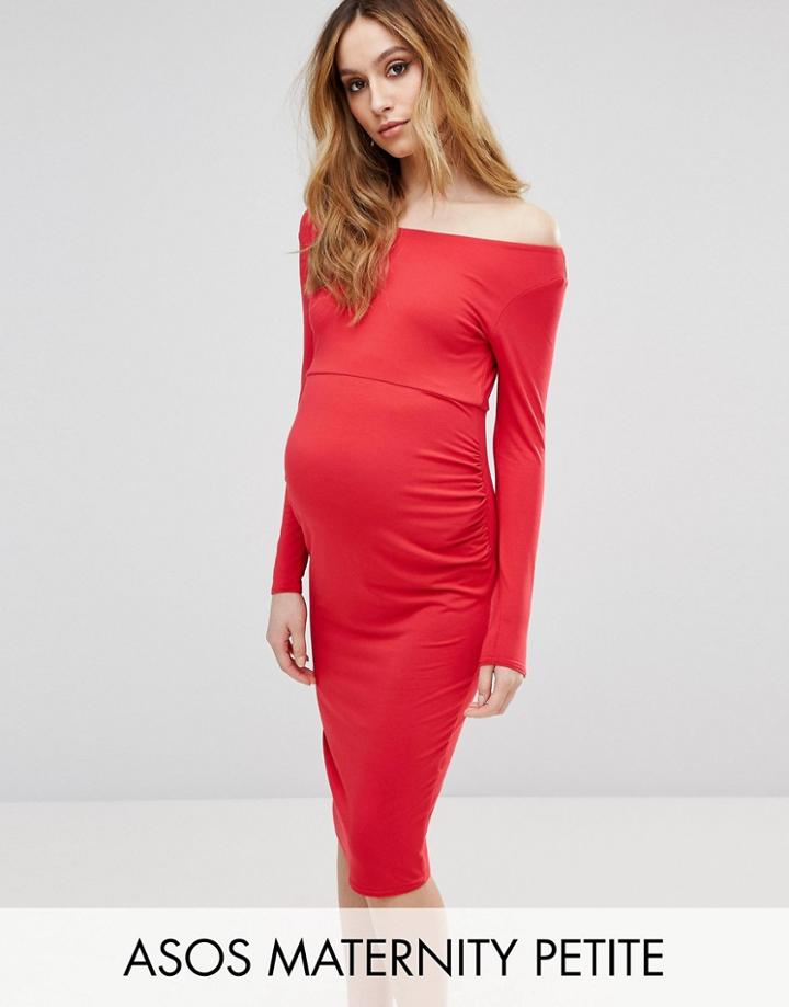 Asos Maternity Petite Bardot Dress With Long Sleeve - Red
