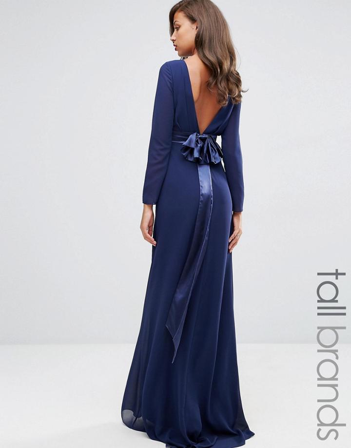 Tfnc Tall Wedding Bow Back Maxi Dress With Long Sleeves - Navy