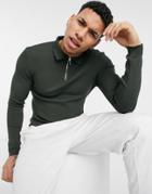 River Island Long Sleeve Knitted Ribbed Polo In Khaki-green