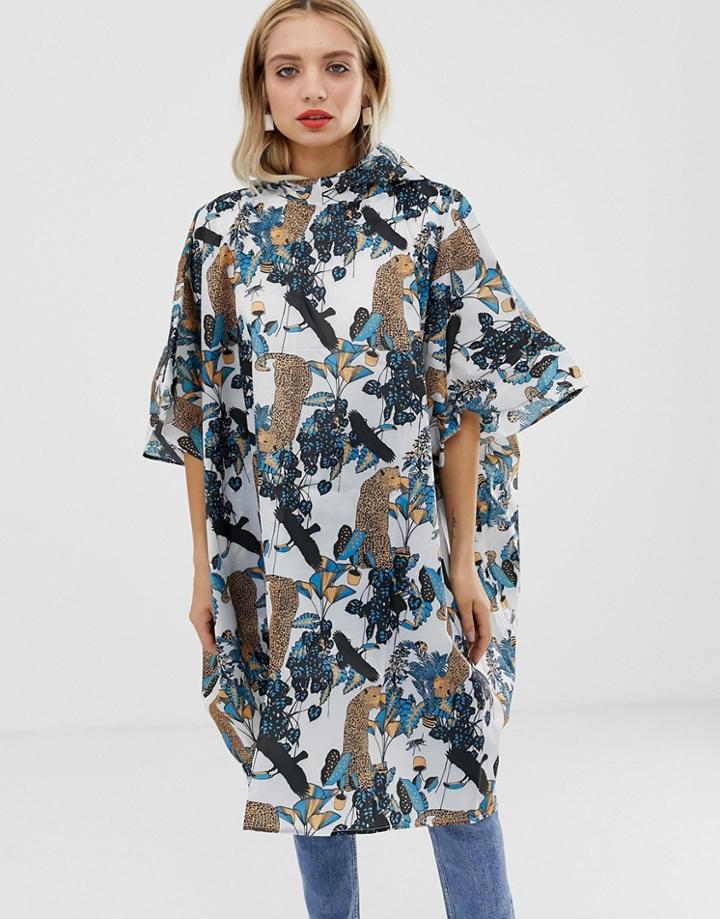 Monki Jungle Print Foldable Poncho In White - White