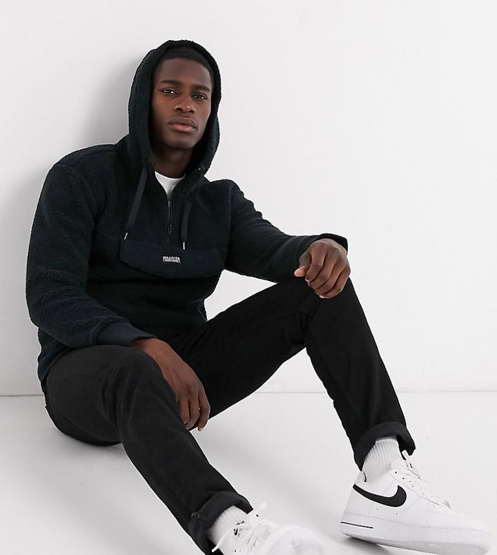 Hollister Asos Exclusive Borg Half Zip Overhead Hoodie With Front Pocket In Black