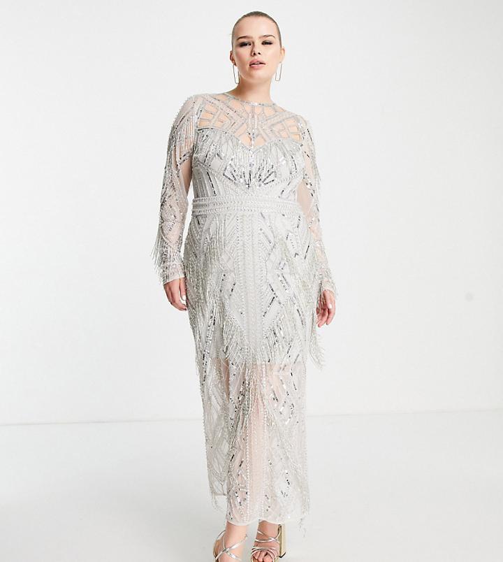Asos Edition Curve Cutwork Fringe Midi Dress In Silver