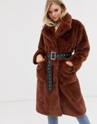 Neon Rose Oversized Faux Fur Coat With Belt-brown