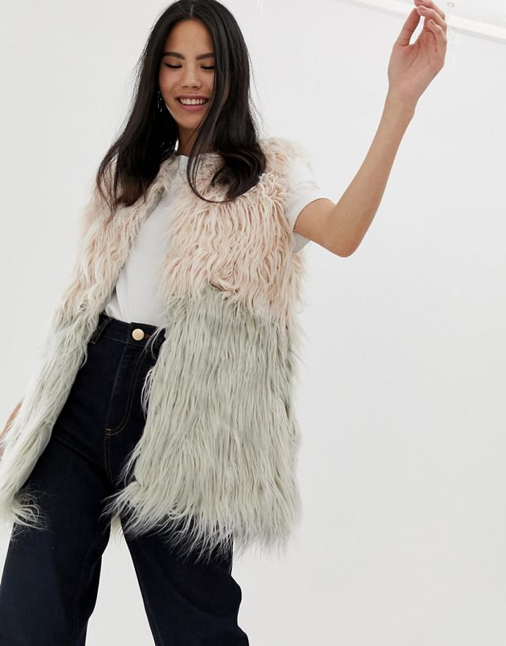 Brave Soul Mabine Long Line Vest In Ombre Faux Fur - Multi