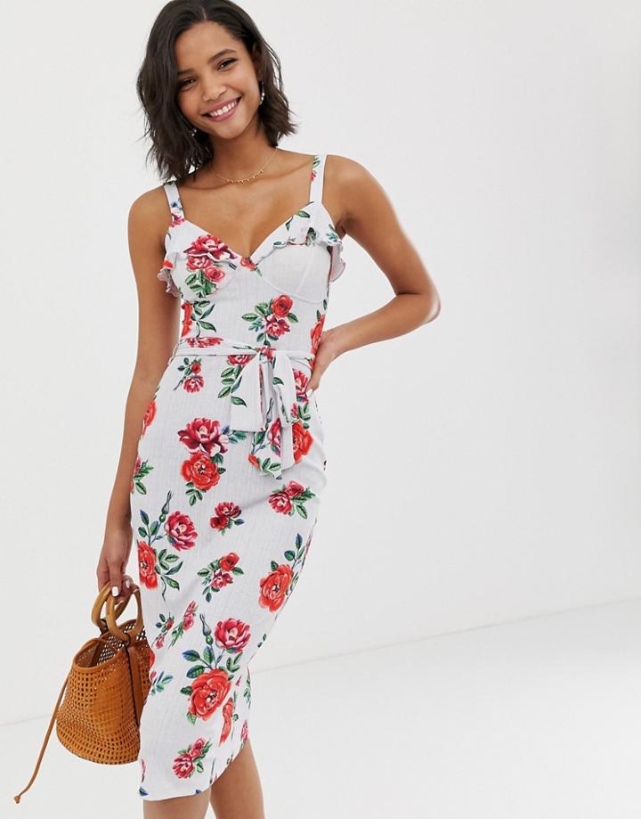 Asos Design Midi Rib Sundress With Self Belt In Floral Print-multi