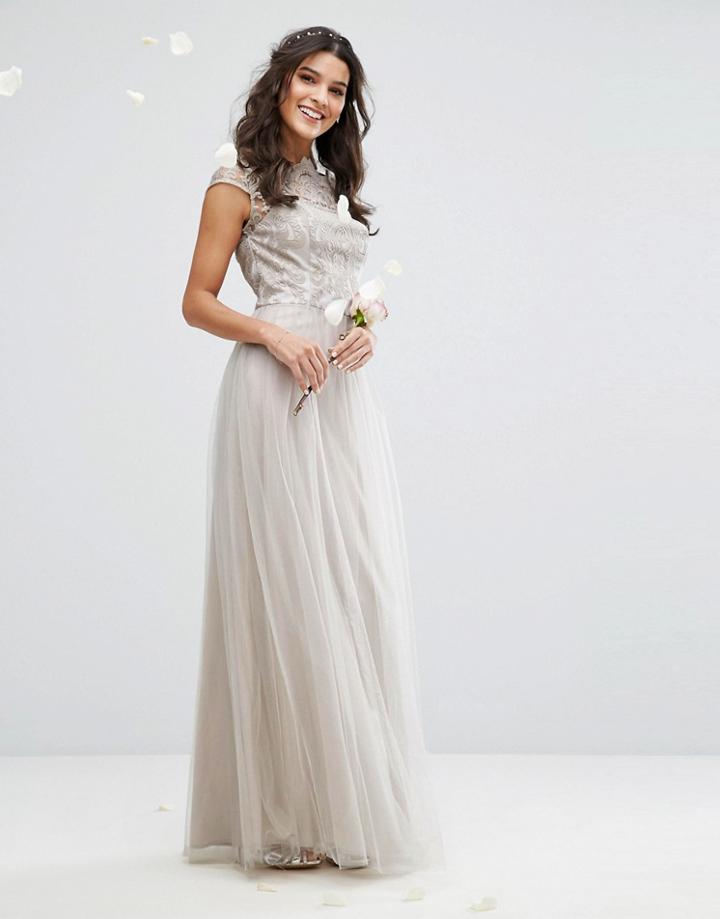 Chi Chi London Premium Lace Maxi Dress With Tulle Skirt And Cap Sleeve - Gray