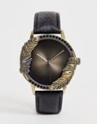 Asos Design Watch In Black With Feather And Stone Detail - Brown