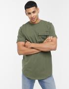 Only & Sons Longline T-shirt With Pocket In Khaki-green