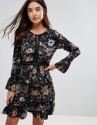 Liquorish Floral Print Skater Dress With Tiered Skirt - Multi
