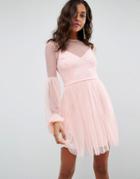 Asos Dobby Mesh Balloon Sleeve Mini Dress With Trim - Pink