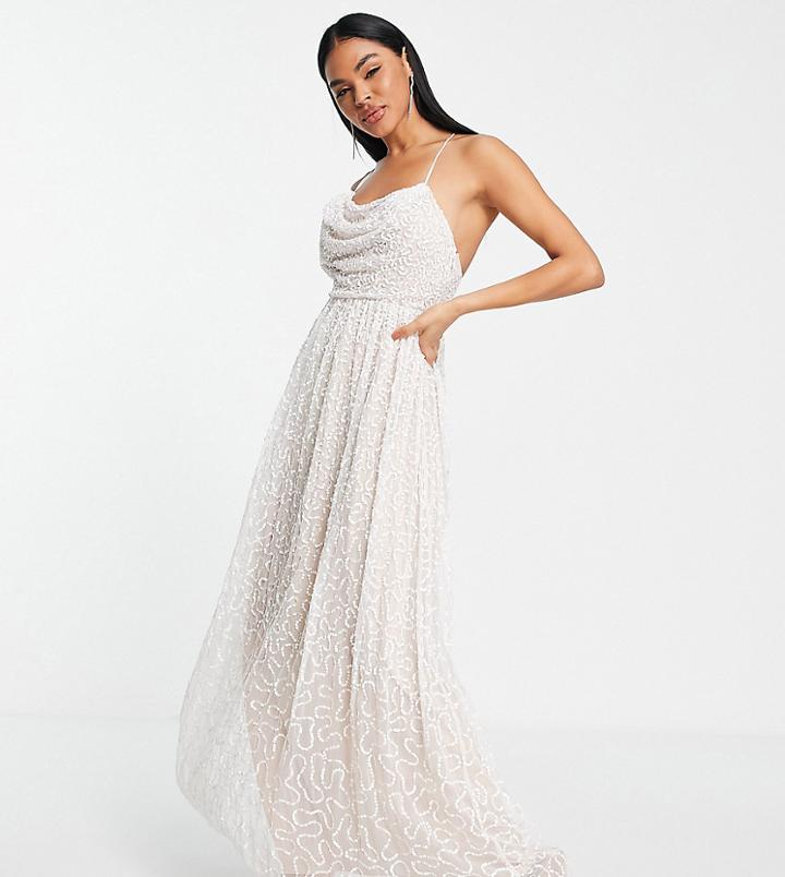 Starlet Bridal Backless Cowl Neck Embellished Maxi Dress In Ivory-white