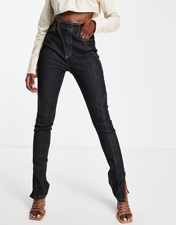 River Island Contour Seamed Split Hem Skinny Jeans In Dark Blue