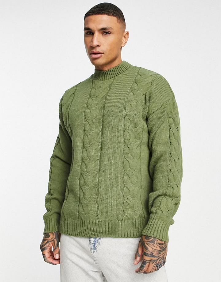 Asos Design Oversized Cable Knit Sweater In Khaki-green