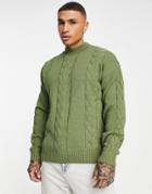 Asos Design Oversized Cable Knit Sweater In Khaki-green