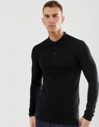 Asos Design Muscle Fit Long Sleeve Polo With Stretch In Black - Black