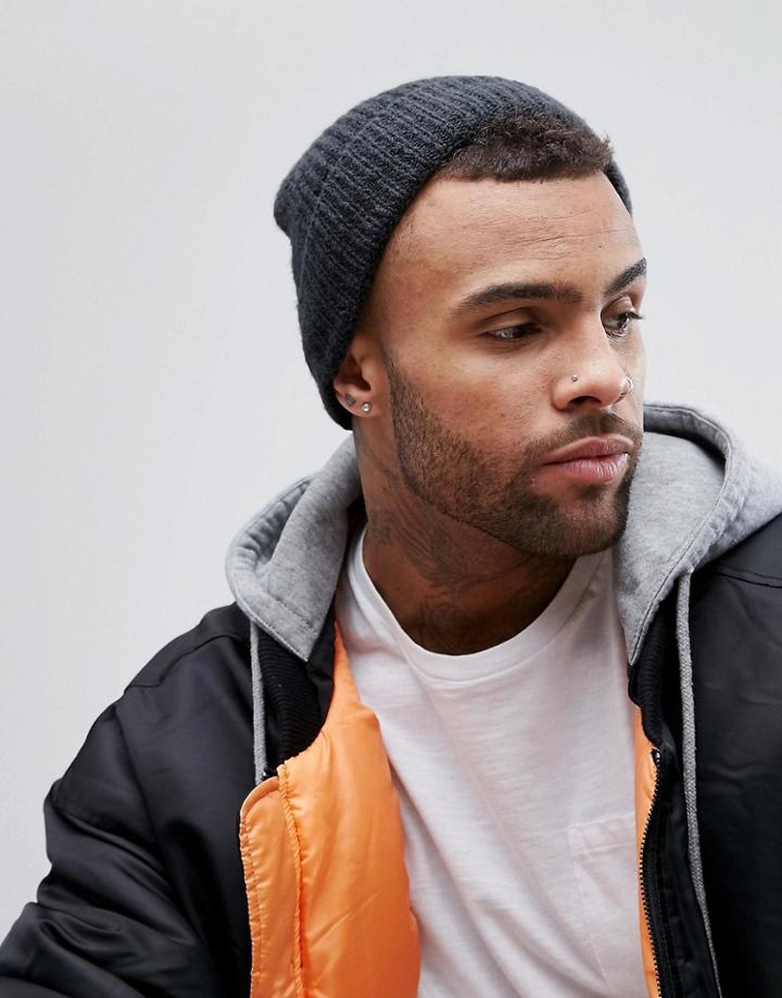 Asos Fisherman Beanie In Charcoal Rib - Gray