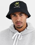 Asos Design Cotton Bucket Hat In Black With Smiley Embroidery