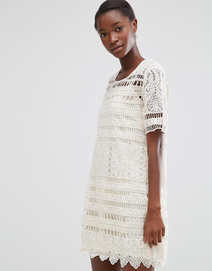 Mango Short Sleeve Crochet Shift Dress - White