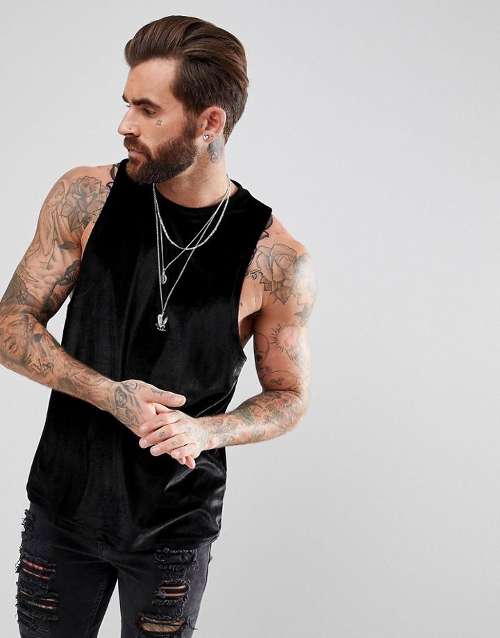 Asos Sleeveless T-shirt With Racer Back In Black Velour - Black