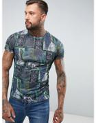 Asos T-shirt In All Over Tile Print And Linen Look - Multi