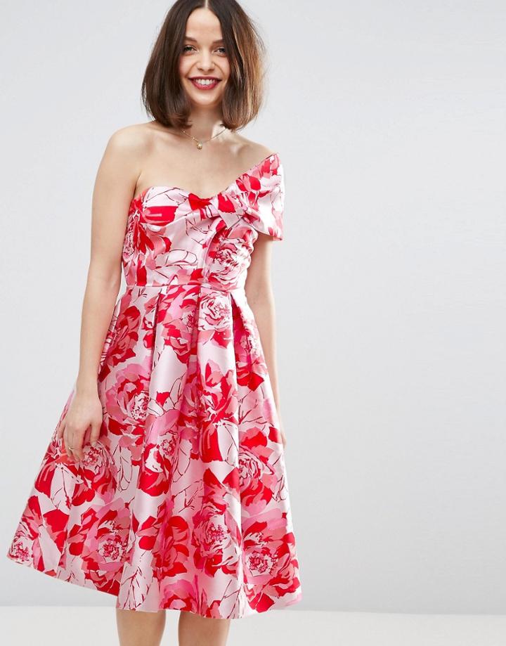 Asos One Shoulder Bow Midi Prom Dress In Floral Jacquard - Multi