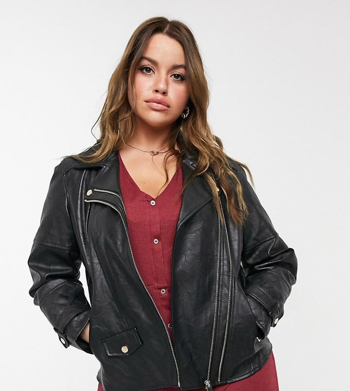 River Island Plus Double Zip Faux-leather Moto Jacket In Black