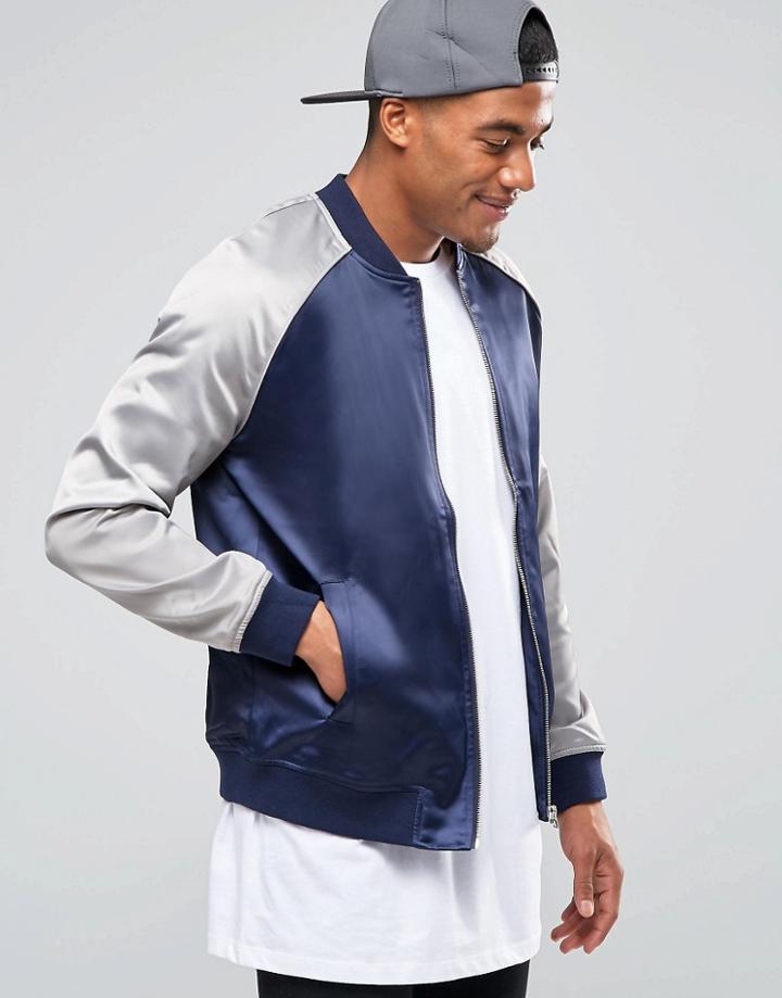 New Look Sateen Bomber In Navy With Contrast Sleeves - Navy