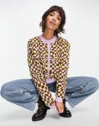 Asos Design Crew Neck Cardi In Distorted Check Pattern - Part Of A Set-multi