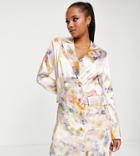 Liquorish Petite Bridesmaid Satin Tailored Double Breast Blazer In Soft Washed Pastel Floral - Part Of A Set-multi