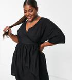Asos Design Curve Edit Mini Smock Dress With Wrap Front And Kimono Sleeve In Black