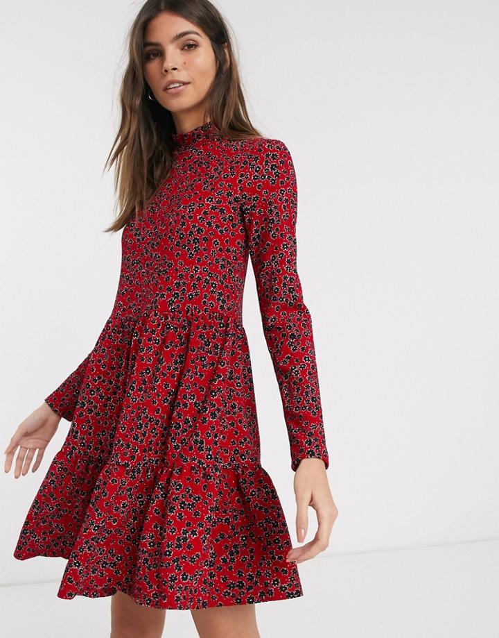 River Island Long Sleeve Smock Dress In Red Print-black