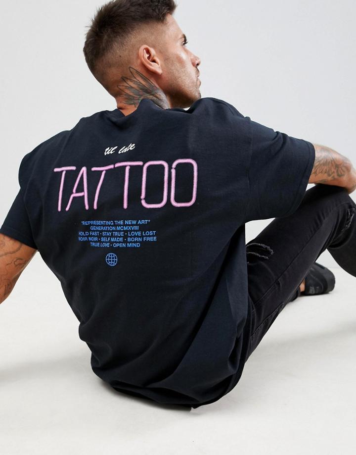 Boohooman Oversized T-shirt With Neon Back Print In Black - Black