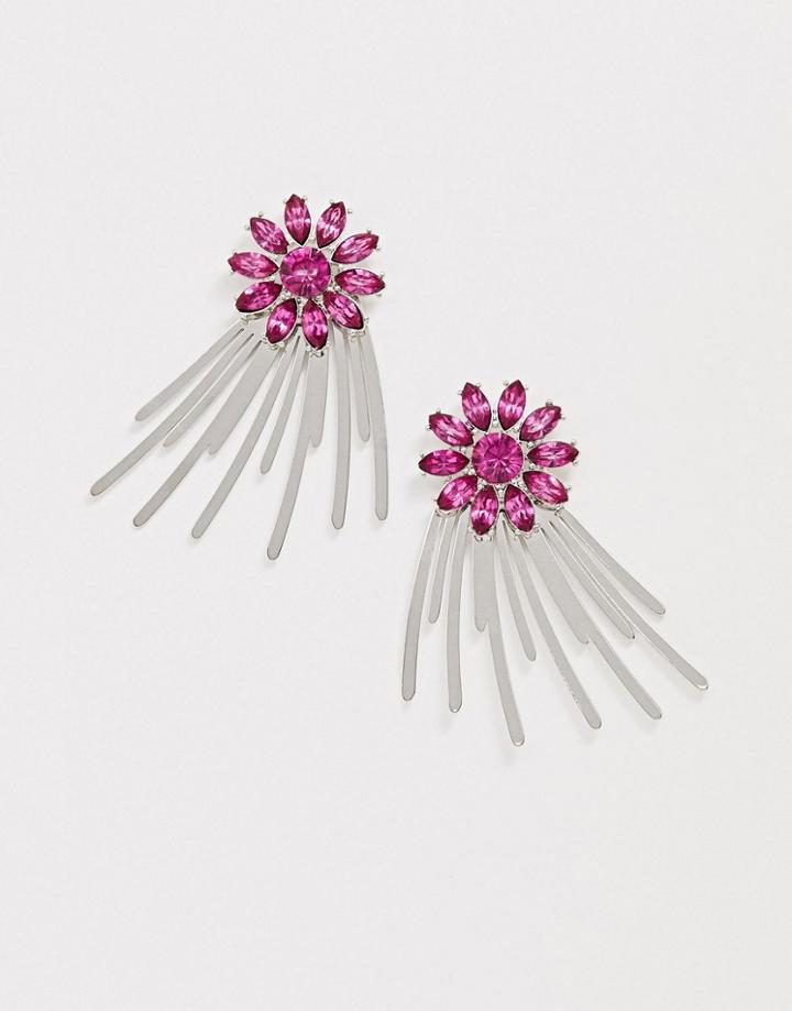 Asos Design Earrings With Jewel Stud And Starburst Design In Silver Tone