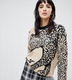 Warehouse Leopard Motif Sweater In Oatmeal - Multi