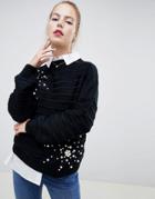Wild Flower Ribbed Sweater With Pearl Embellishment - Black