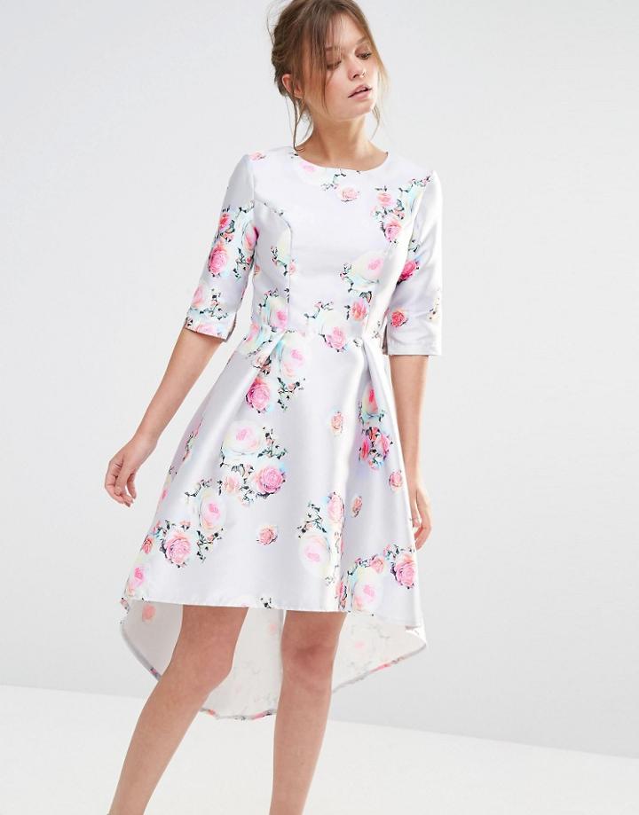 Chi Chi London Midi Dress With 3/4 Sleeve - Gray Floral Print