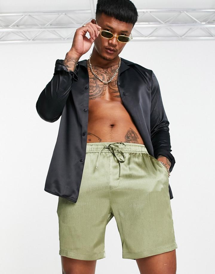 Asos Design Slim Shorts In Khaki Textured Satin-green