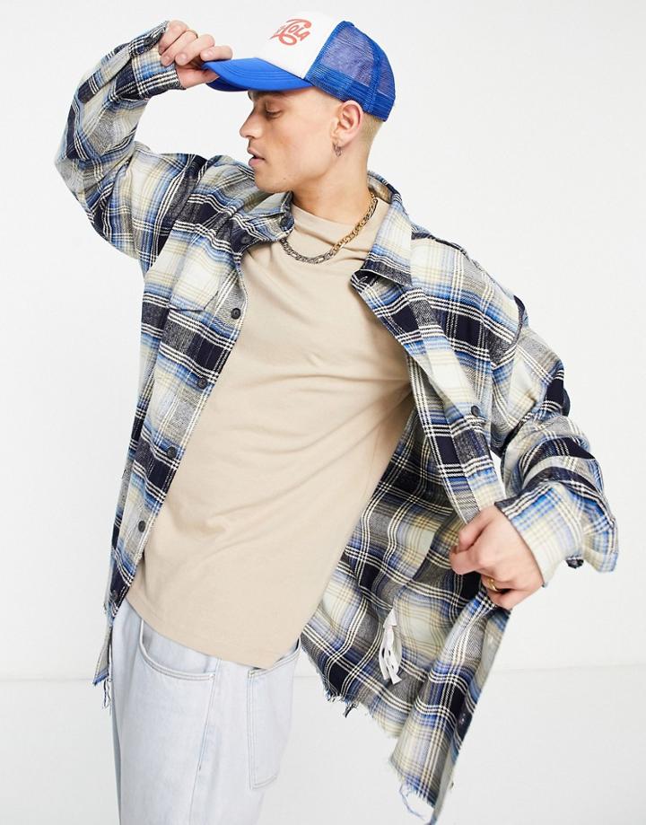 Mennace Oversized Long Sleeve Checked Shirt With Raw Hem Detail In Blue