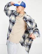 Mennace Oversized Long Sleeve Checked Shirt With Raw Hem Detail In Blue