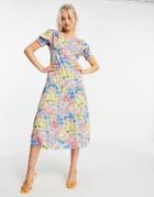 Influence Tiered Midi Dress With Strappy Back In Retro Floral Print-multi