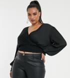 Asos Design Curve Plisse Wrap Top With Shirred Cuff And Waist In Black