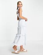 Y.a.s Shirred Detail Tiered Midi Dress In Pale Blue Check