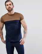 Asos T-shirt With Contrast Yoke And Roll Sleeve In Twisted Jersey - Navy