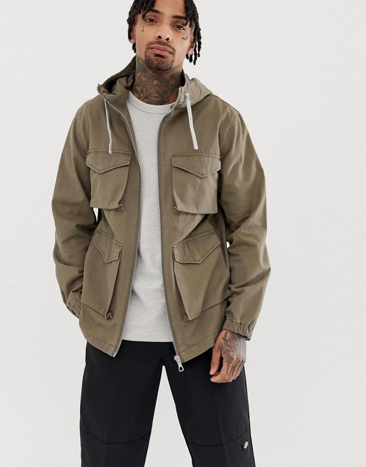 Asos Design Zip Though Utiity Jacket With Hood In Tan - Tan