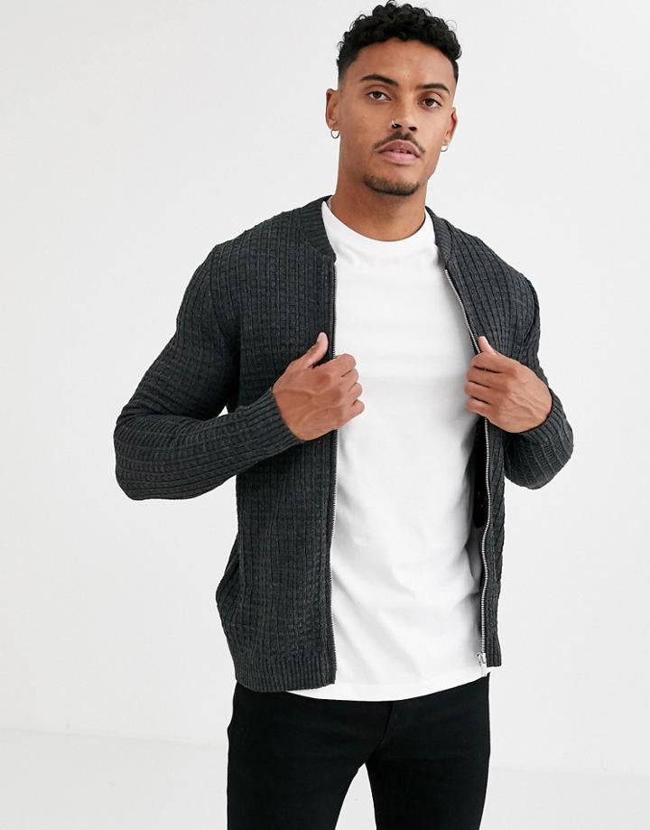 Asos Design Muscle Fit Textured Knit Bomber Jacket In Charcoal-gray